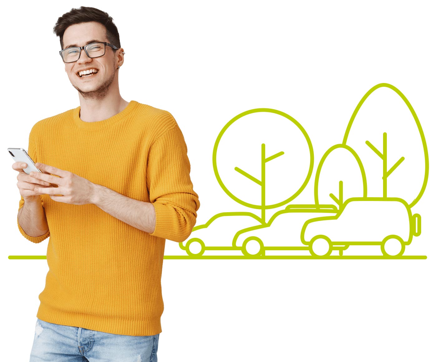 Happy young man in an orange sweater holding a phone. Pleased he bought temporary car insurance